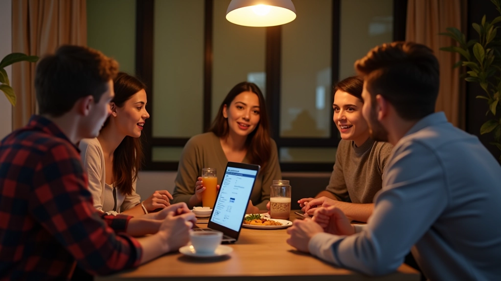 Réunion de colocation autour d'une table basse avec gâteaux et boissons, ordinateur portable ouvert affichant un tableau de gestion des dépenses