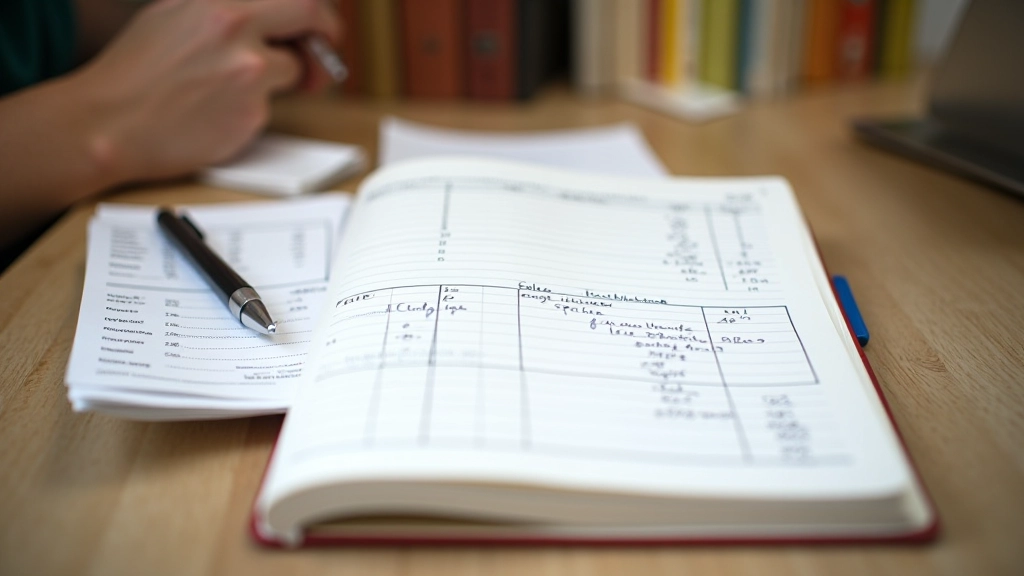 Carnet de comptes communs ouvert avec listes d'achats, reçus, et feuille de calcul détaillée des dépenses partagées
