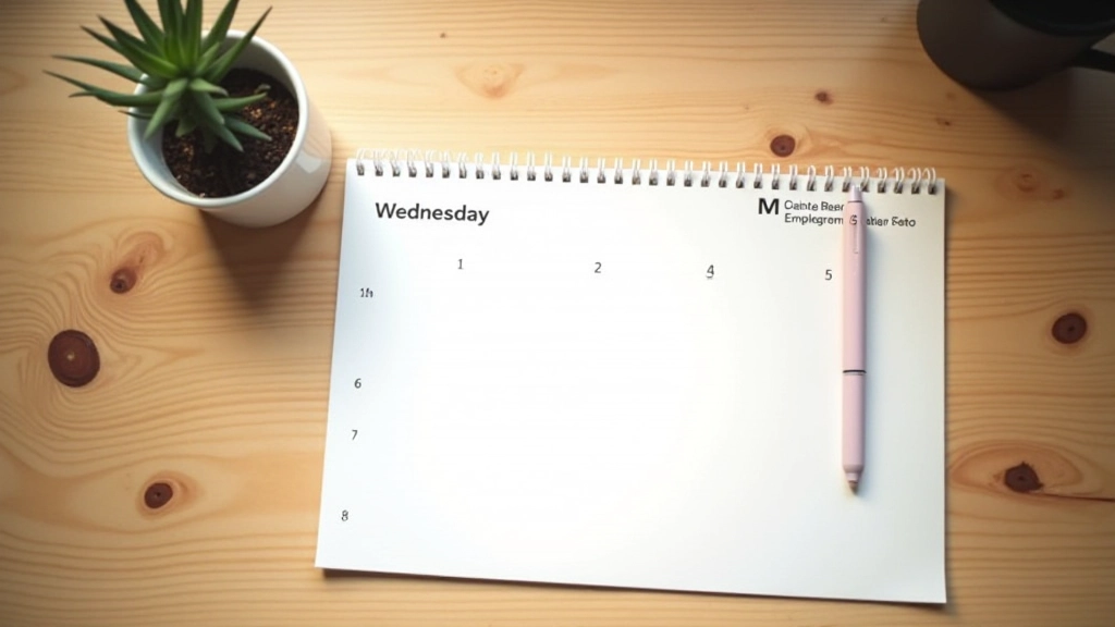 Agenda papier ouvert avec la date du premier mercredi du mois surligné, stylo posé dessus, sur bureau avec tasse de café