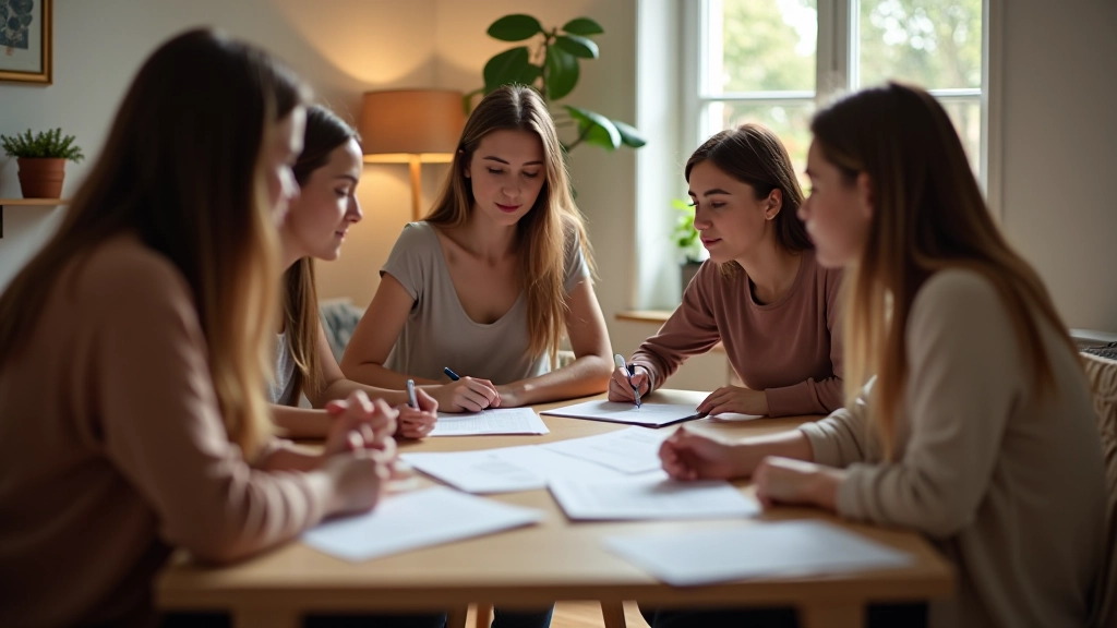 Réunion de colocation autour d'une table avec calendrier, documents financiers et discussions constructives entre jeunes adultes