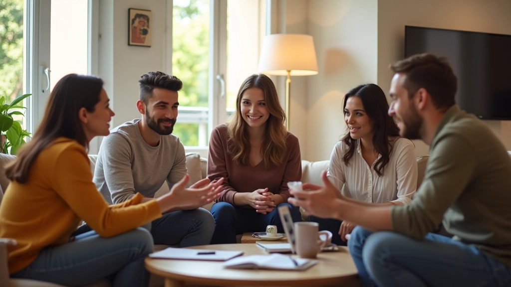 Jeunes adultes en colocation discutant des finances partagées dans un salon moderne et lumineux