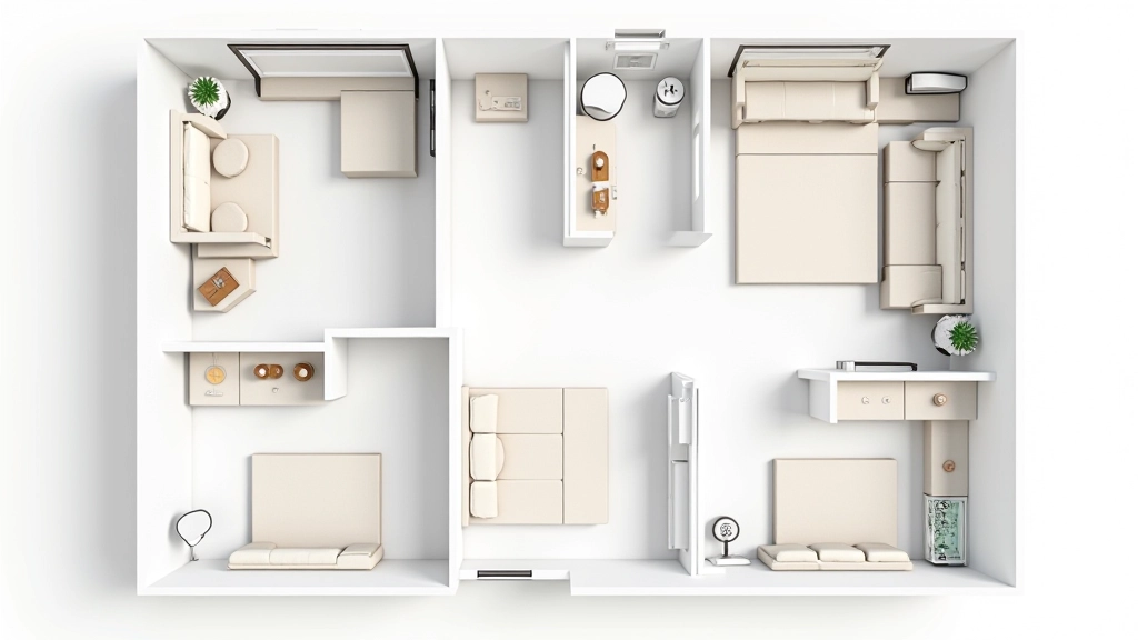 Vue d'en haut d'un appartement en colocation montrant trois chambres de différentes tailles, un salon partagé, une cuisine et une salle de bain