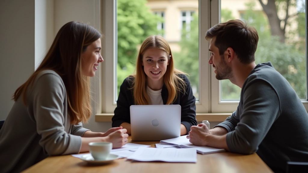 Trois jeunes adultes en colocation discutant autour d'une table avec documents et ordinateur portable