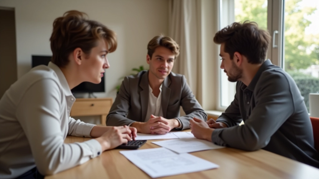 Trois jeunes adultes autour d'une table discutant des finances de colocation avec documents et calculatrice