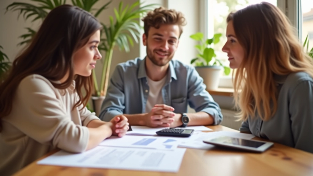 Trois jeunes adultes assis autour d'une table avec des papiers et une calculatrice, discutant des finances