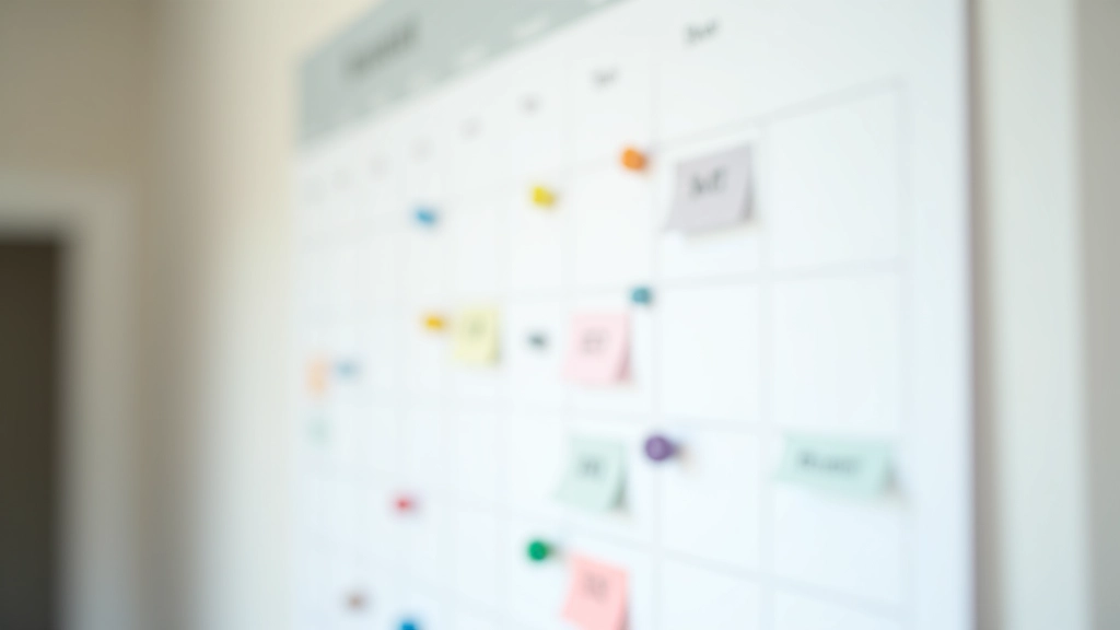 Calendrier mural avec des dates marquées en couleurs différentes indiquant les arrivées et départs de colocataires au cours du mois