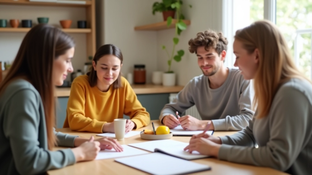 Groupe de colocataires organisant leurs courses avec des listes et un carnet de notes partagé