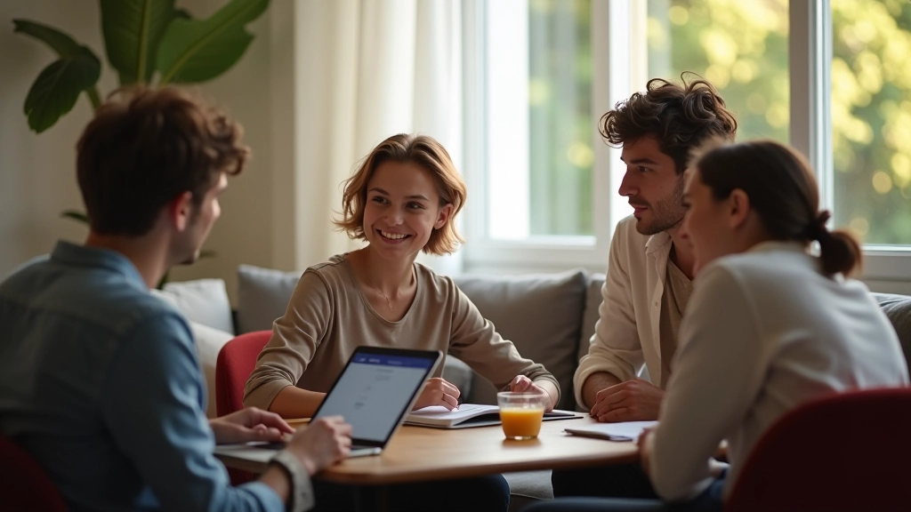 Groupe de jeunes adultes ayant une conversation constructive à propos des finances, dans un salon lumineux